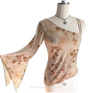 Vintage Rave Top L Tan Brown Fairy Grunge Whimsigoth 90S Y2K Floral Bell Sleeve